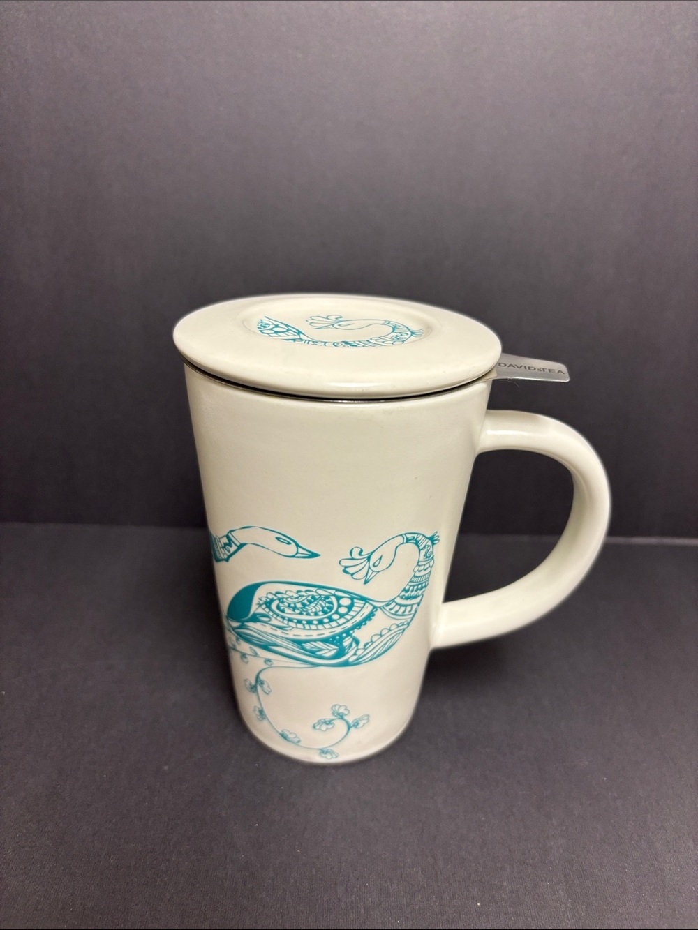 Vintage David’s Tea Peacocks Mug in Teal and White with Infuser and Lid